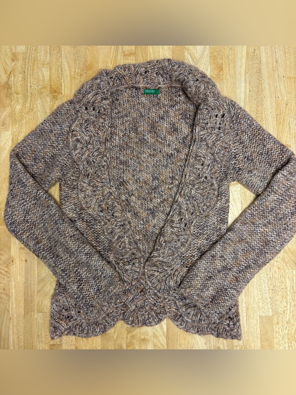 Vintage Benetton Made in Italy Marled Ruffle Open Knit Cardigan Sweater M